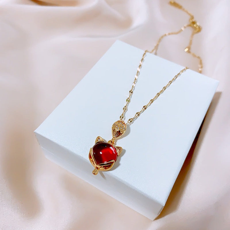 Kalung Mewah Liontin Rubi & Kristal - Emas Rose 18K Anti Karat, Rantai Klavikula Pembawa Keberuntungan - 我的商店