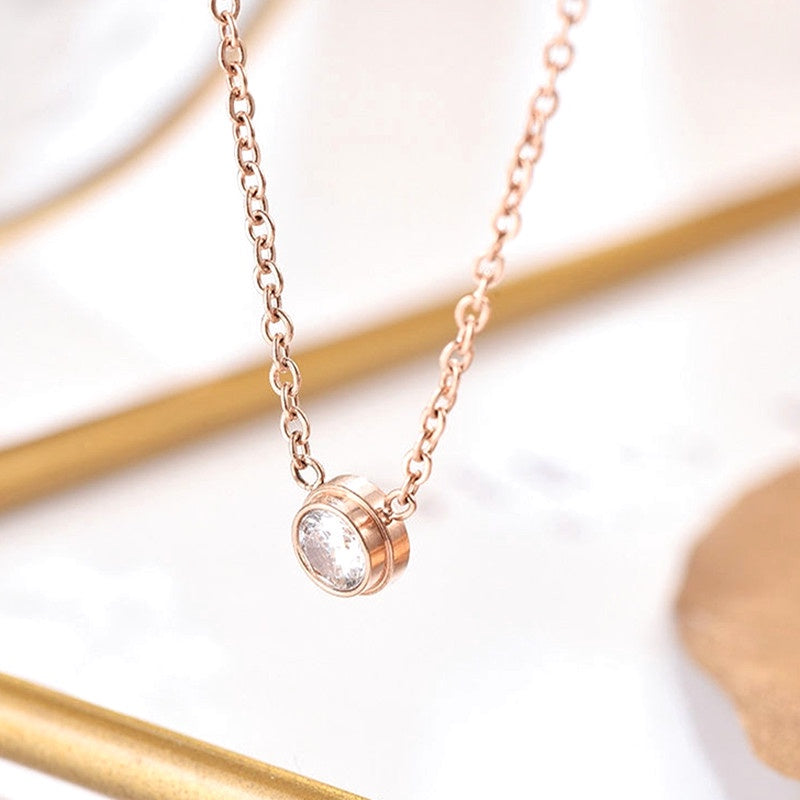Kalung Choker Stainless Steel Gaya Korea - Liontin Berlian Mewah dengan Rose Gold, Aksesoris Wanita Elegan - 我的商店