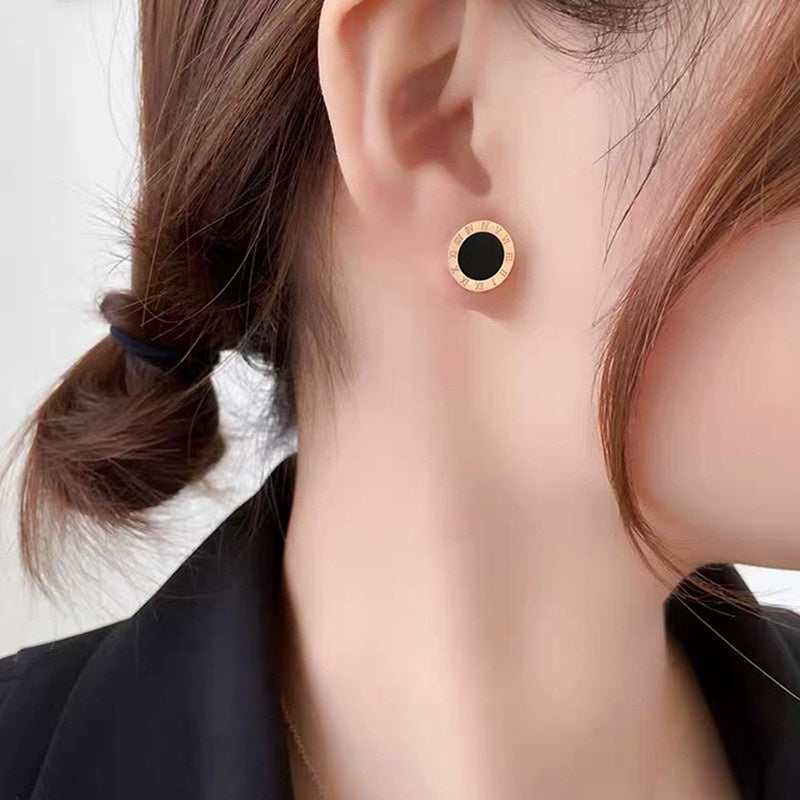 Hikaw Roman Hitam Wanita - Perhiasan Stainless Steel Elegan Anti Kusam, Aksesoris Fashion Hypoallergenic, Grosir Harga Terbaik - 我的商店