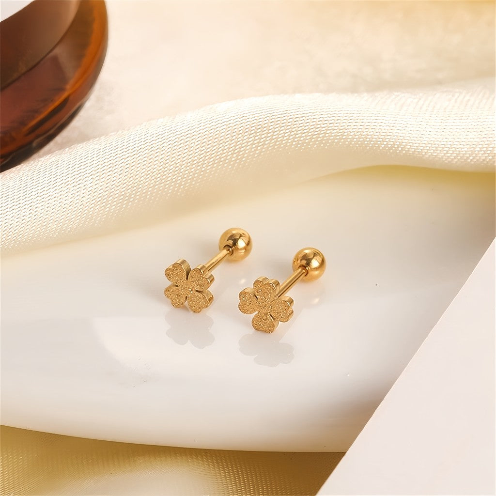 Four-leaf Clover Anting Titanium Frosted - Estetika Korea, Anti Karat - 我的商店