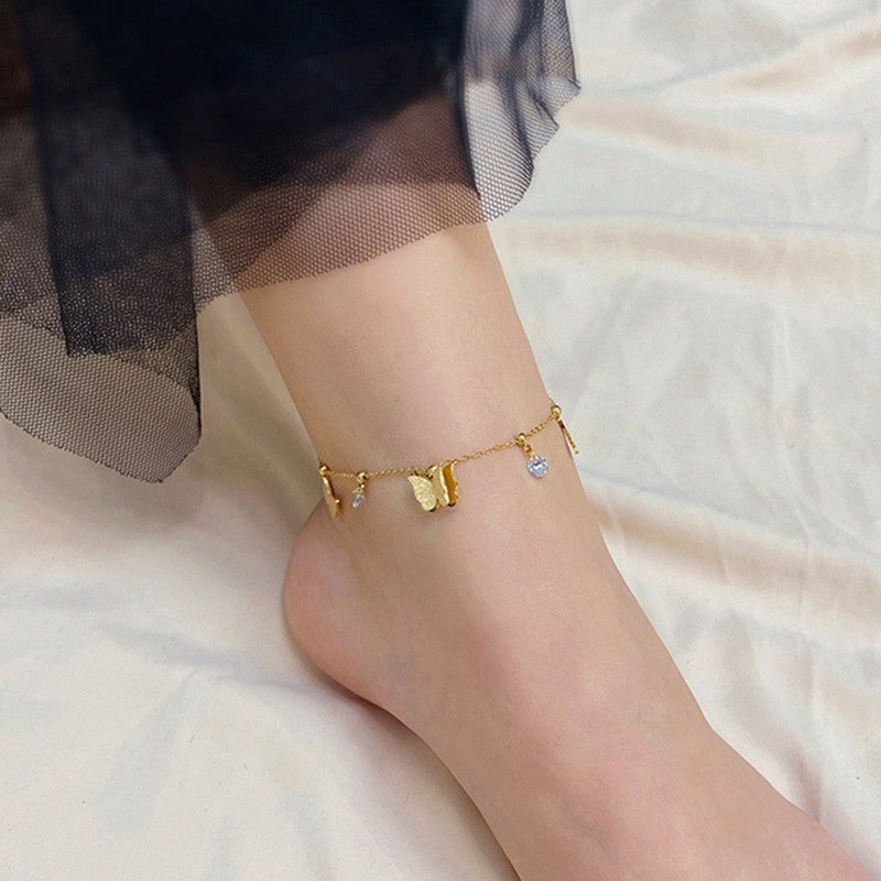 Gelang Kaki Kupu-Kupu Vintage Wanita - Rantai Emas Stainless Steel Berlian, Hadiah Elegan - 我的商店