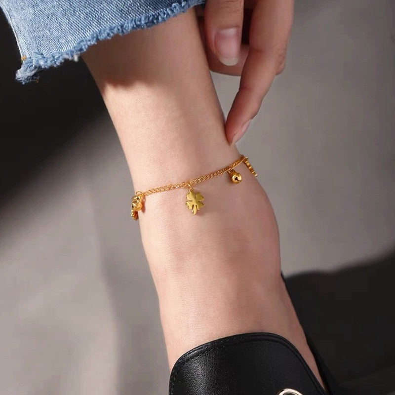 Gelang Kaki Daun Semanggi Wanita - Stainless Steel Emas Anti Kusam, Hadiah Keberuntungan - 我的商店