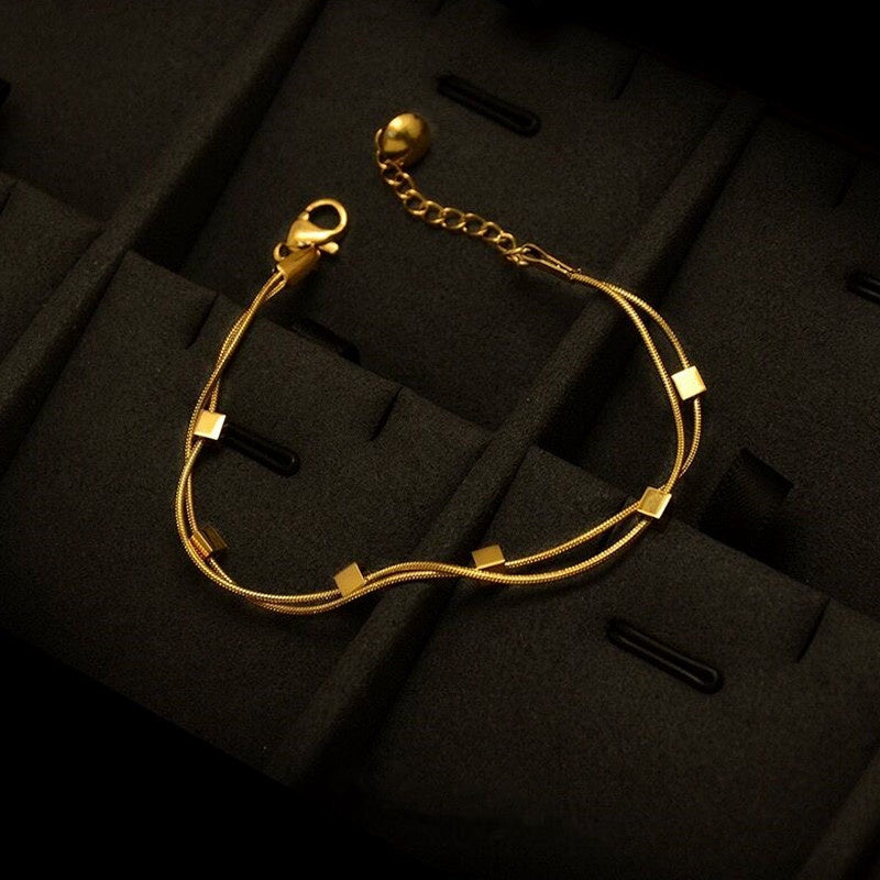 Gelang Square Double Layer untuk Wanita - Bangle Vintage Rantai Emas Anti Pudar | Perhiasan Hadiah Elegan - 我的商店