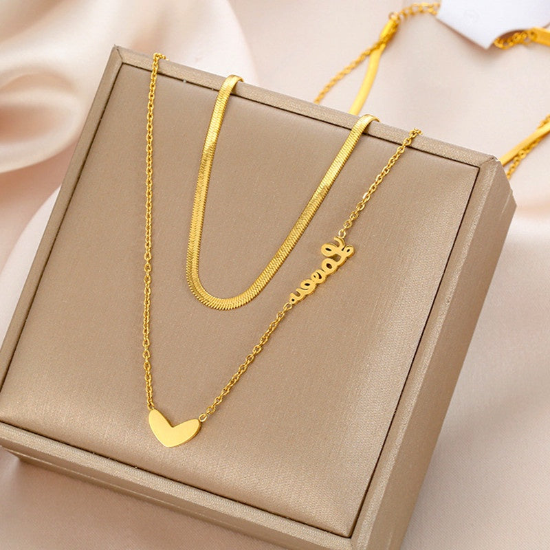 Kalung Stainless Steel Wanita - Double Layer Heart Pendant dengan Rantai Emas | Hadiah Perhiasan Elegan - 我的商店