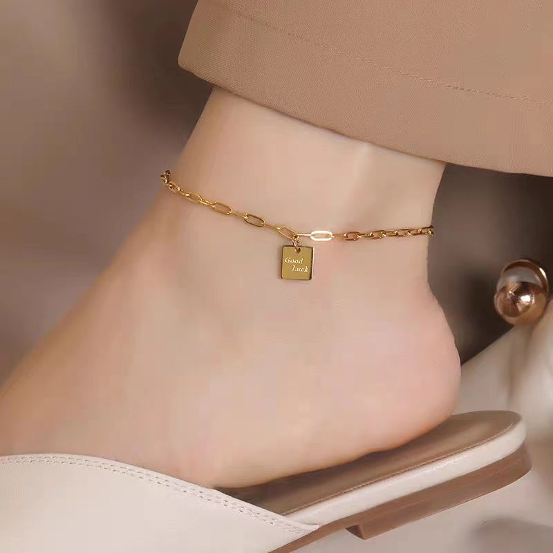 Gelang Kaki Kotak untuk Wanita - Stainless Steel Anti Pudar dengan Rantai Emas | Aksesoris Perhiasan Elegan - 我的商店