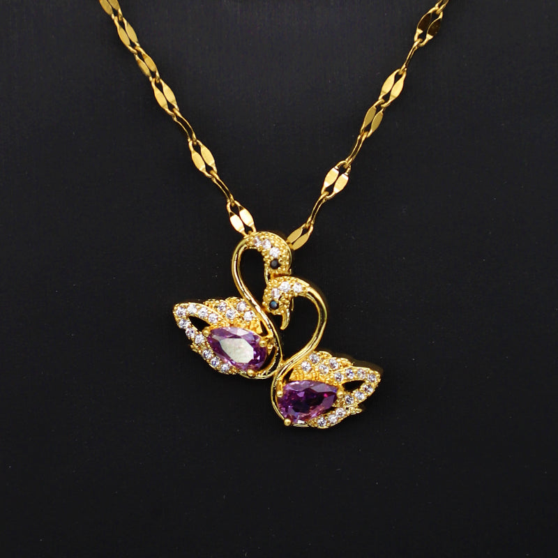 Kalung Angsa Kristal Ungu Gaya Korea - Emas 18K Stainless Steel Anti Kusam - 我的商店