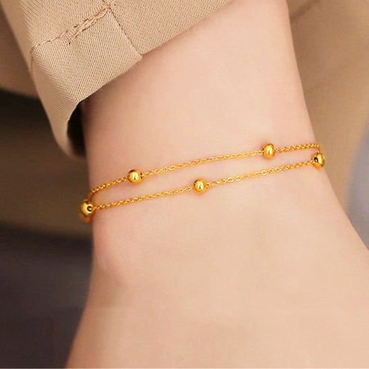 Gelang Kaki Wanita - Manik Emas 18K & Rantai Stainless Steel Anti Kusam, Aksesoris Elegan - 我的商店