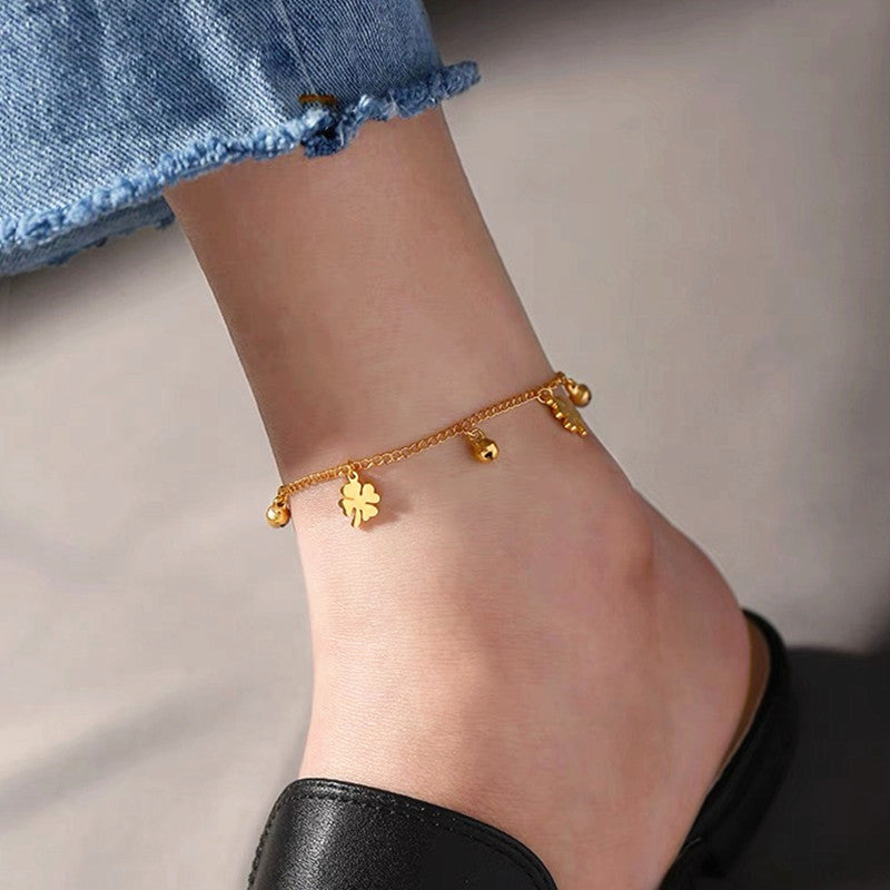 Gelang Kaki Daun Semanggi Wanita - Stainless Steel Emas Anti Kusam, Hadiah Keberuntungan - 我的商店