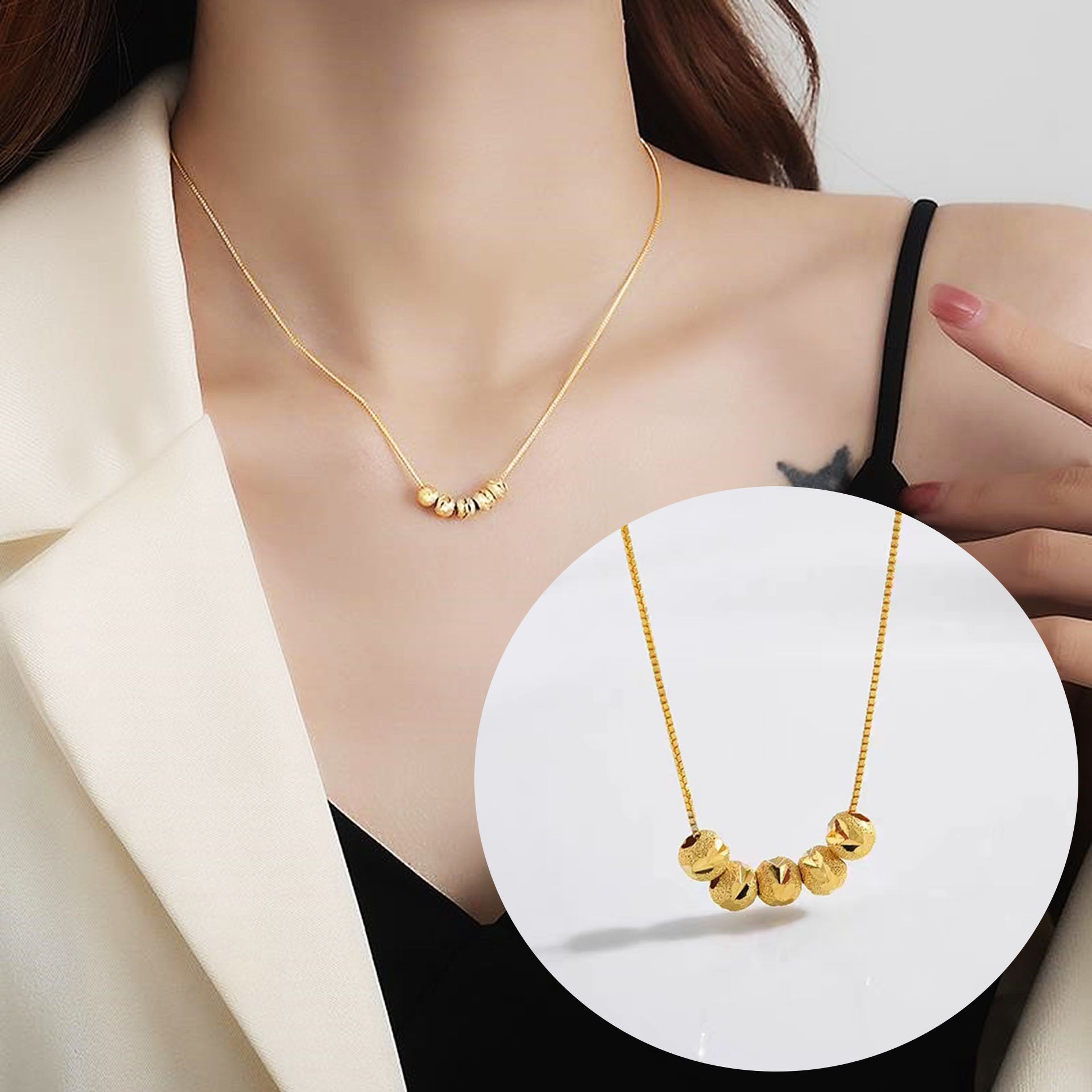 Kalung Lucky Beads Stainless Silver untuk Wanita - Rantai Emas Anti Pudar | Choker Perhiasan Elegan - 我的商店