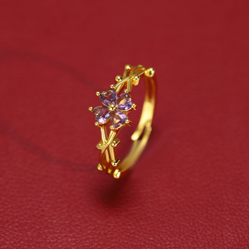 Cincin Wanita Adjustable - Bunga Ungu Lapis Emas 18K, Stainless Steel Anti Kusam - 我的商店