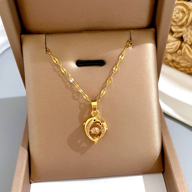 Kalung Lumba-Lumba Imut Wanita - Stainless Steel Emas 18K & Berlian Gaya Korea, Anti Karat - 我的商店