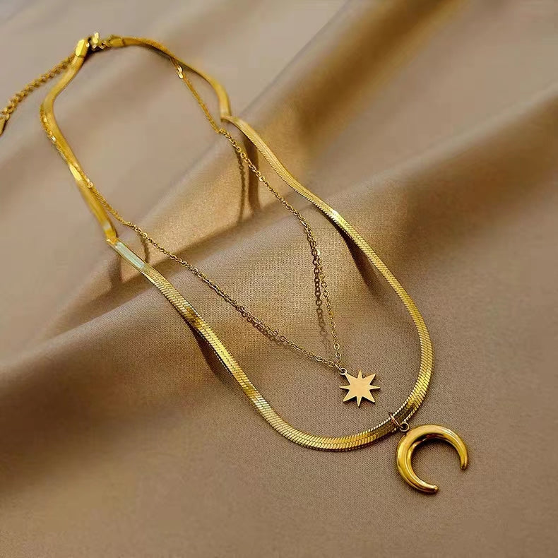 Kalung Bintang Bulan 18k Emas Wanita - Perhiasan Stainless Steel Elegan Anti Kusam, Desain Hexagram Trendy, Grosir Harga Terbaik - 我的商店