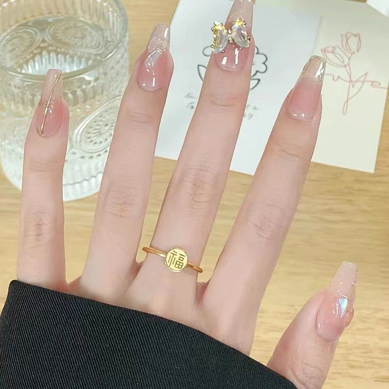 Cincin Singsing Stainless untuk Wanita "China Fu" - 18k Emas Anti Pudar & Hypoallergenic | Aksesoris Perhiasan Elegan - 我的商店