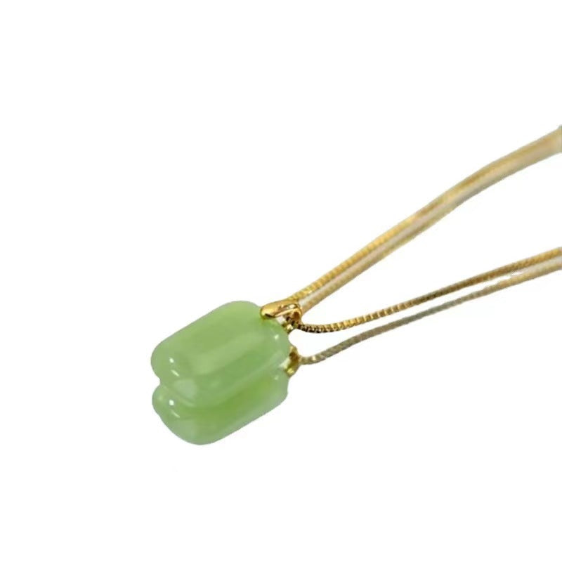 Kalung Giok Hetian Persegi Keberuntungan – Baja Tahan Karat Berlapis Emas 18K, Perhiasan Fashion Wanita - 我的商店