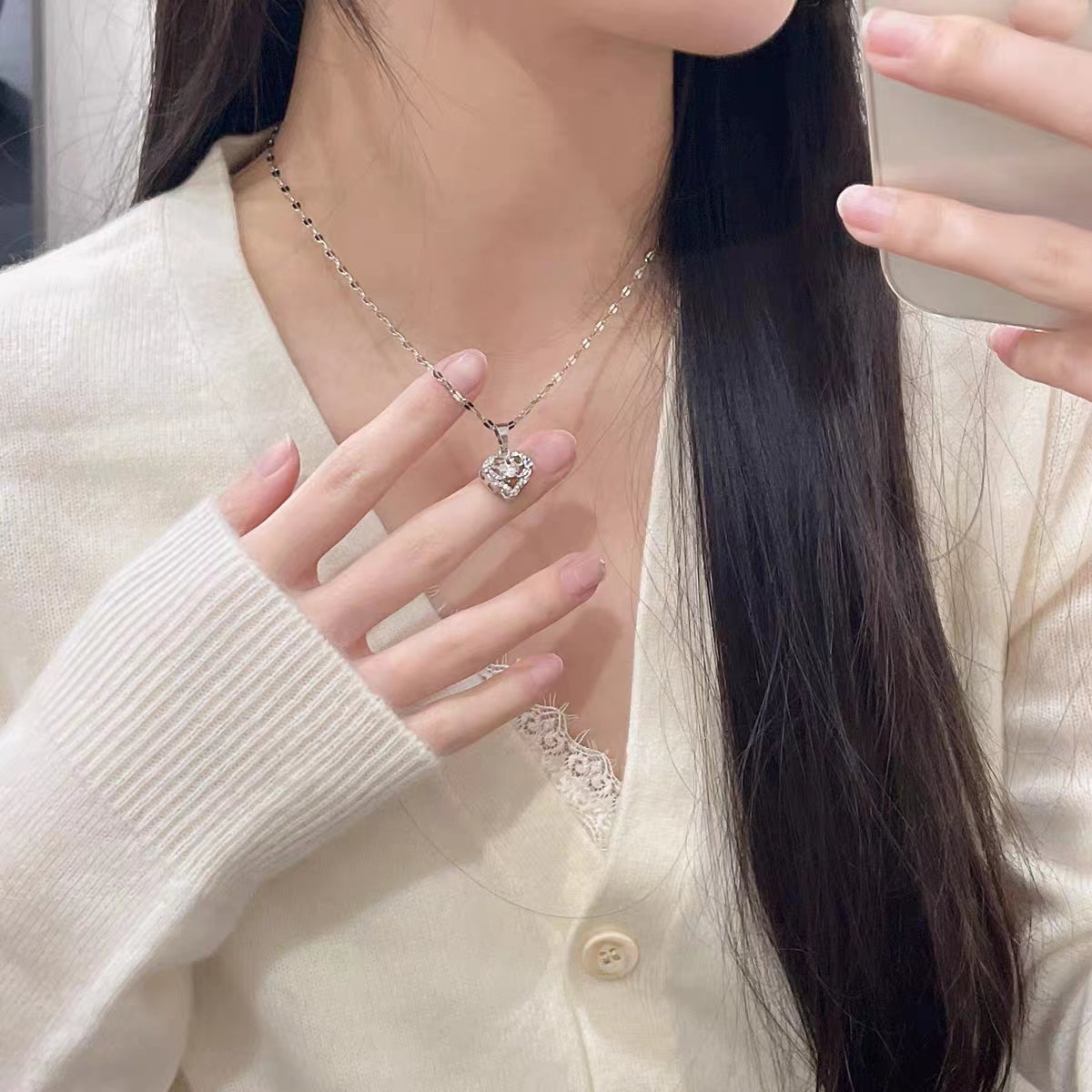 Kalung Detak Jantung Berlian - Emas 18K Stainless Steel Anti Kusam, Aksesoris Wanita Mewah - 我的商店