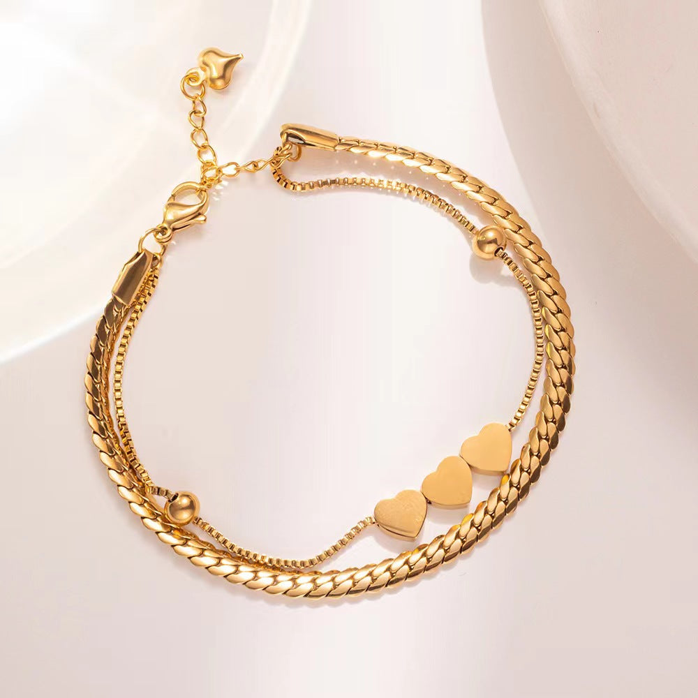 Gelang Love Heart 2 Lapis untuk Wanita - Bangle Stainless Steel 18k Emas Anti Pudar | Aksesoris Perhiasan Elegan - 我的商店
