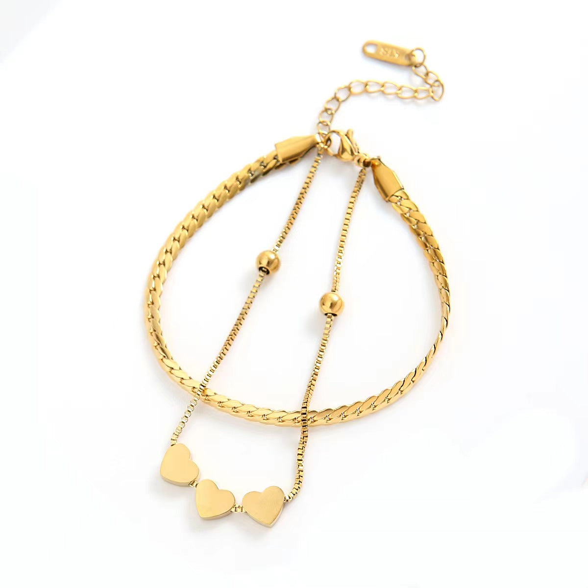 Gelang Love Heart 2 Lapis untuk Wanita - Bangle Stainless Steel 18k Emas Anti Pudar | Aksesoris Perhiasan Elegan - 我的商店