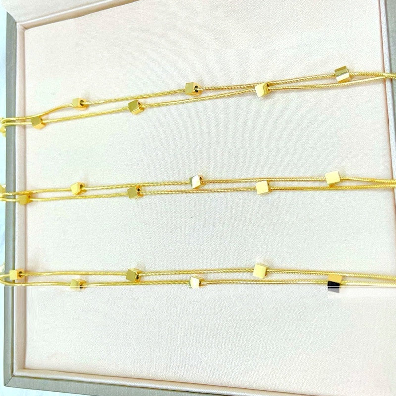 Gelang Square Double Layer untuk Wanita - Bangle Vintage Rantai Emas Anti Pudar | Perhiasan Hadiah Elegan - 我的商店