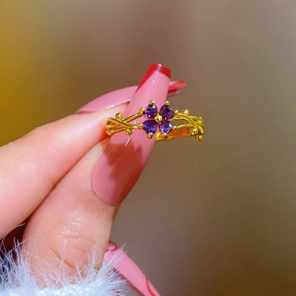 Cincin Wanita Adjustable - Bunga Ungu Lapis Emas 18K, Stainless Steel Anti Kusam - 我的商店