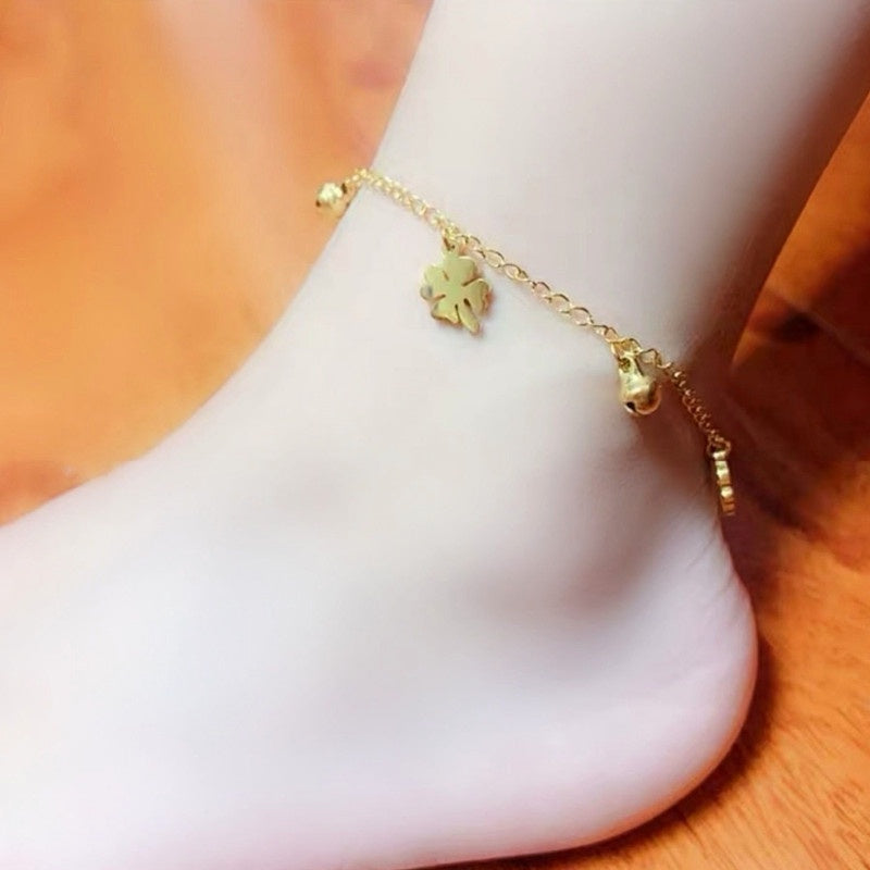 Gelang Kaki Daun Semanggi Wanita - Stainless Steel Emas Anti Kusam, Hadiah Keberuntungan - 我的商店