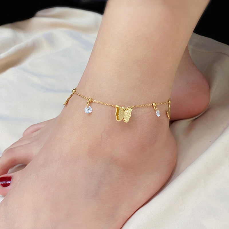 Gelang Kaki Kupu-Kupu Vintage Wanita - Rantai Emas Stainless Steel Berlian, Hadiah Elegan - 我的商店