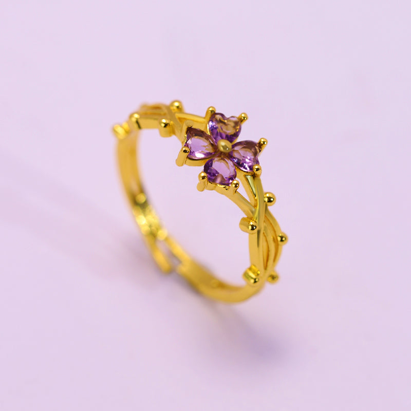 Cincin Wanita Adjustable - Bunga Ungu Lapis Emas 18K, Stainless Steel Anti Kusam - 我的商店