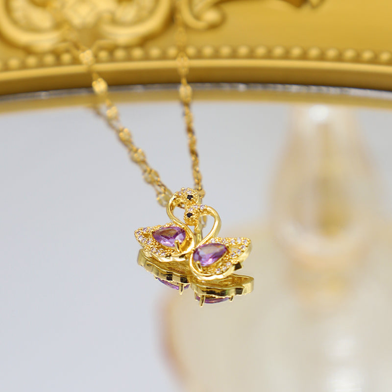 Kalung Angsa Kristal Ungu Gaya Korea - Emas 18K Stainless Steel Anti Kusam - 我的商店
