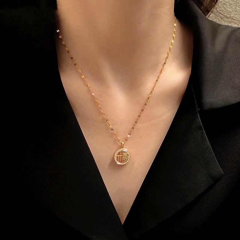 Kalung Berlian "FU" Pembawa Keberuntungan - Stainless Steel Anti Kusam untuk Wanita - 我的商店