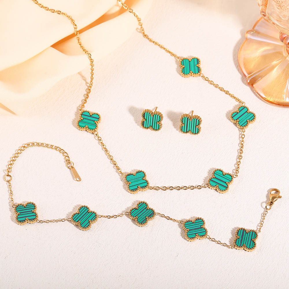 Four-leaf Clover Set Gelang Keberuntungan - Perhiasan Wanita Anti Karat dari Baja Tahan Karat 我的商店