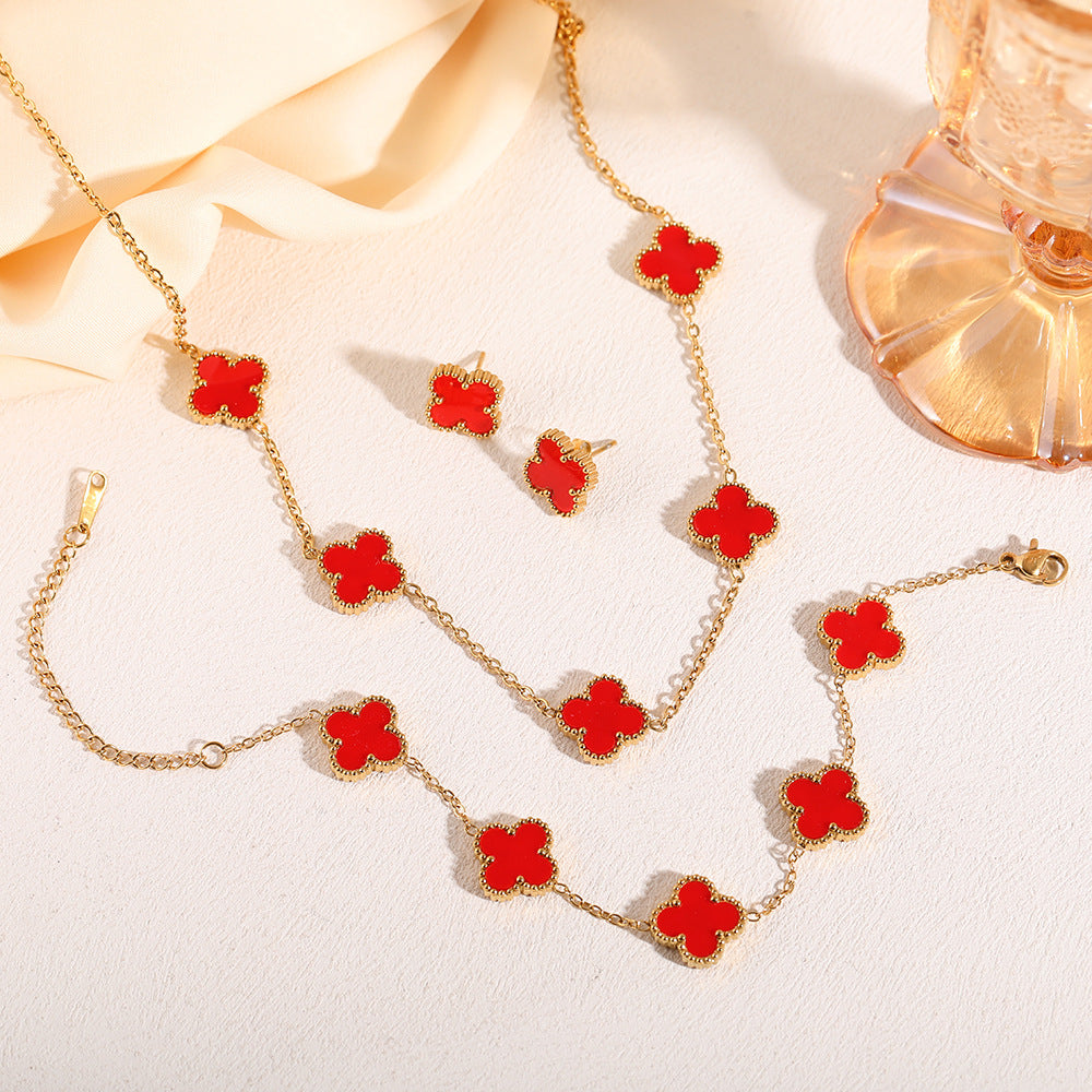 Four-clover leaf Set Kalung Keberuntungan - Perhiasan Wanita Anti Karat dari Baja Tahan Karat - 我的商店