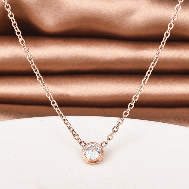 Kalung Choker Stainless Steel Gaya Korea - Liontin Berlian Mewah dengan Rose Gold, Aksesoris Wanita Elegan - 我的商店