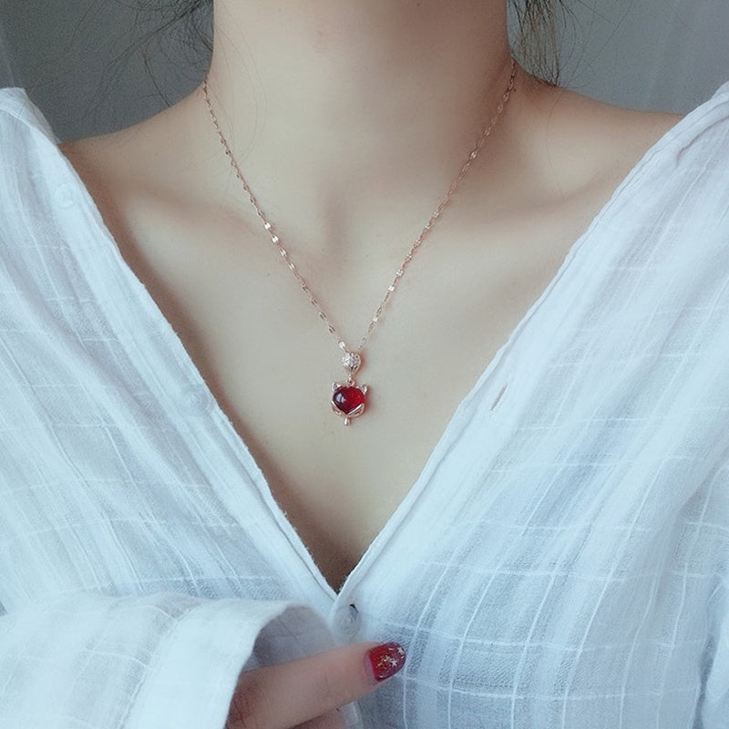 Kalung Mewah Liontin Rubi & Kristal - Emas Rose 18K Anti Karat, Rantai Klavikula Pembawa Keberuntungan - 我的商店