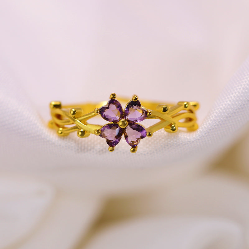 Cincin Wanita Adjustable - Bunga Ungu Lapis Emas 18K, Stainless Steel Anti Kusam - 我的商店