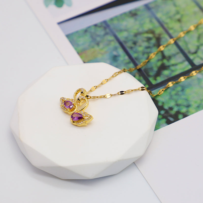 Kalung Angsa Kristal Ungu Gaya Korea - Emas 18K Stainless Steel Anti Kusam - 我的商店
