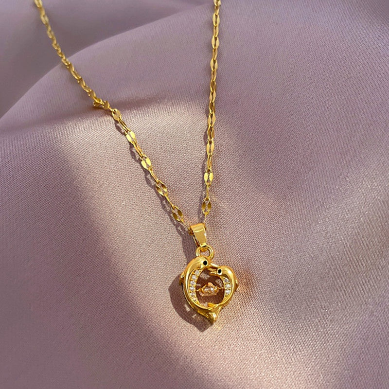 Kalung Lumba-Lumba Imut Wanita - Stainless Steel Emas 18K & Berlian Gaya Korea, Anti Karat - 我的商店