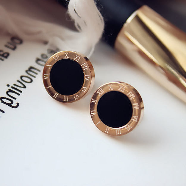 Anting Stud Roman Bulat Hitam Wanita - Stainless Steel Hypoallergenic Anti Kusam - 我的商店