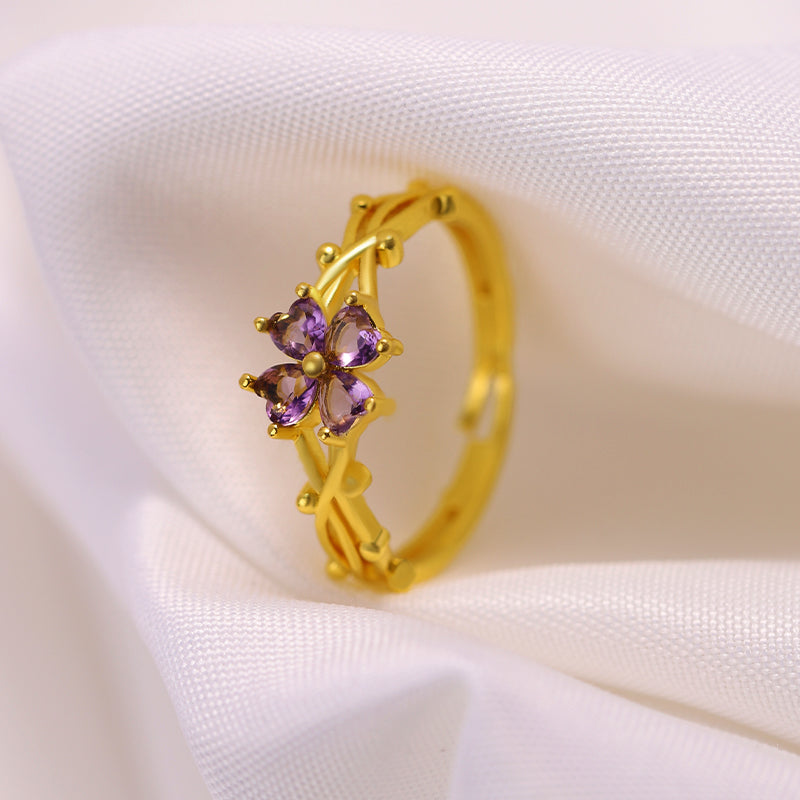 Cincin Wanita Adjustable - Bunga Ungu Lapis Emas 18K, Stainless Steel Anti Kusam - 我的商店
