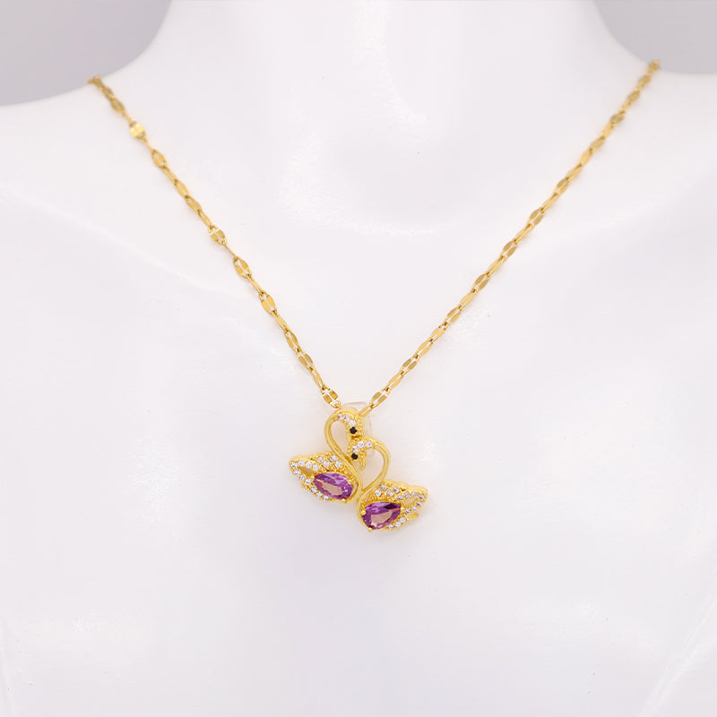Kalung Angsa Kristal Ungu Gaya Korea - Emas 18K Stainless Steel Anti Kusam - 我的商店