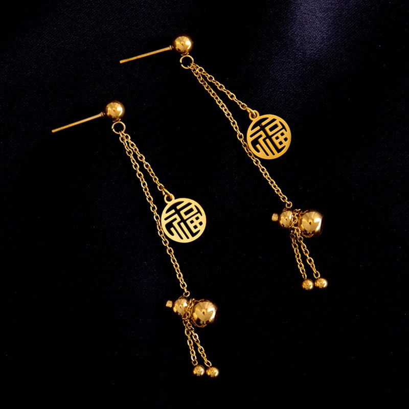 Anting Lucky Gourd FU untuk Wanita - Hikaw Emas Stainless Steel Hypoallergenic | Aksesoris Perhiasan Elegan - 我的商店
