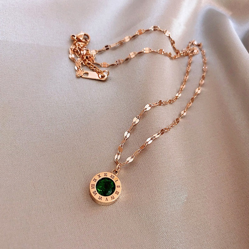 Kalung Wanita Korea - Stainless Steel dengan Liontin Roman & Kristal Hijau | Rantai INS Elegan - 我的商店