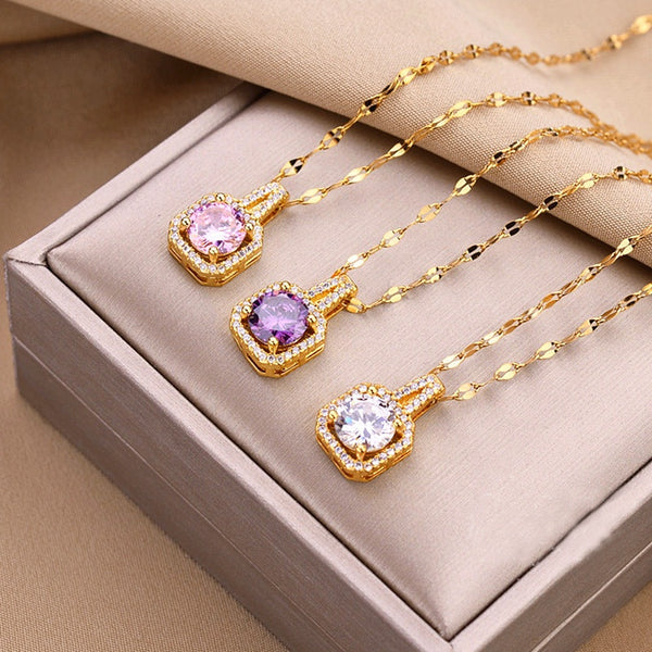 Kalung Wanita Liontin Berlian Kotak - Stainless Steel Lapis Emas, Tidak Kusam, Elegan & Mewah! - 我的商店