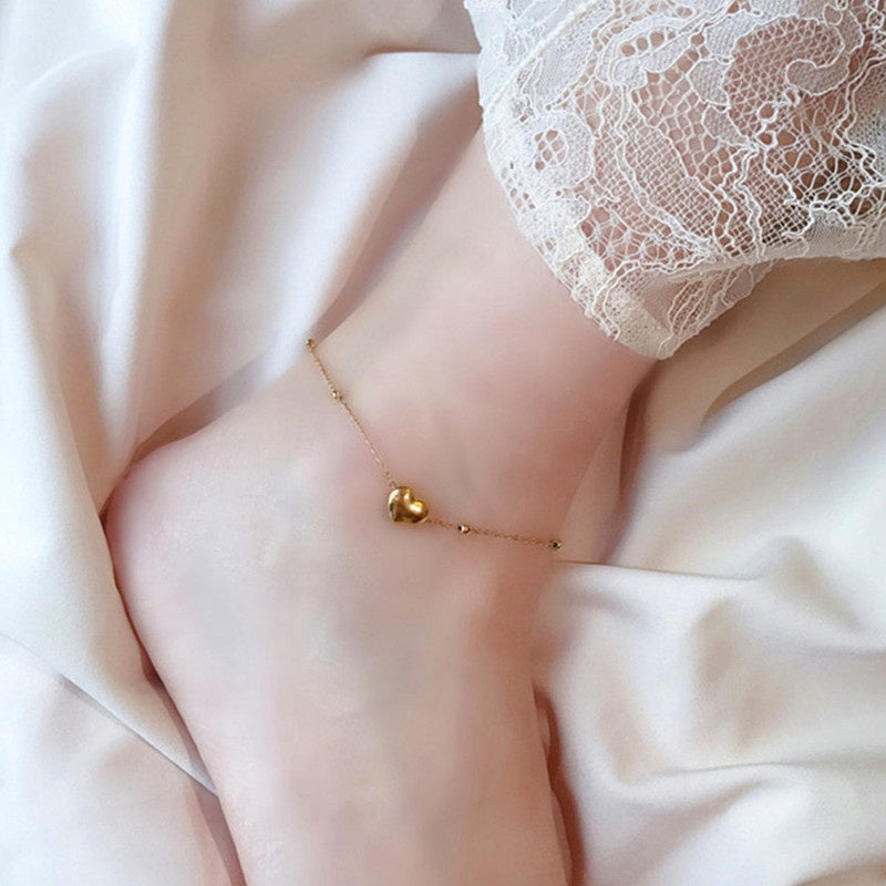 Gelang Kaki Manik Hati Wanita - Rantai Emas Stainless Steel Anti Kusam & Anti Pudar - 我的商店