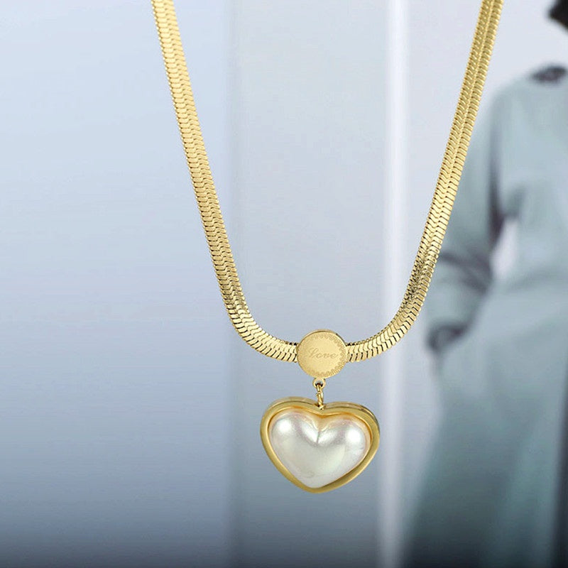 Kalung Choker Wanita Liontin Mutiara Love Heart - Stainless Steel, Tidak Kusam, Elegan & Cocok untuk Hadiah! - 我的商店
