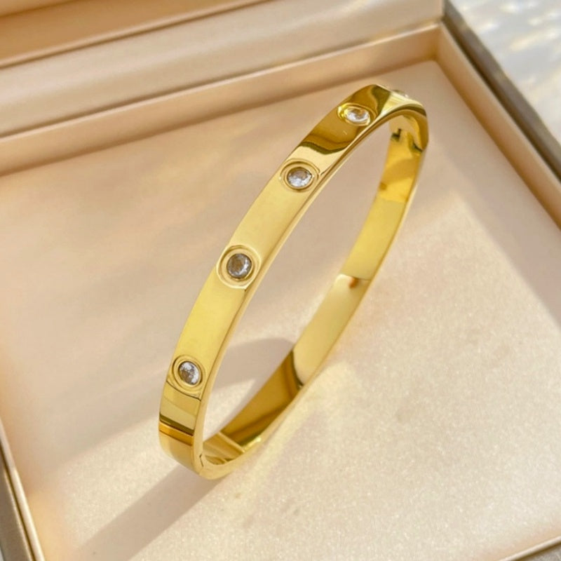 Gelang Berlian Mewah 18k Emas untuk Wanita - Bangle Stainless Steel Anti Pudar | Aksesoris Perhiasan Elegan - 我的商店