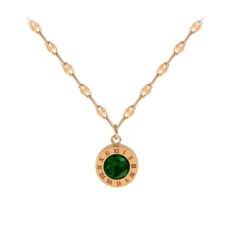 Kalung Wanita Korea - Stainless Steel dengan Liontin Roman & Kristal Hijau | Rantai INS Elegan - 我的商店