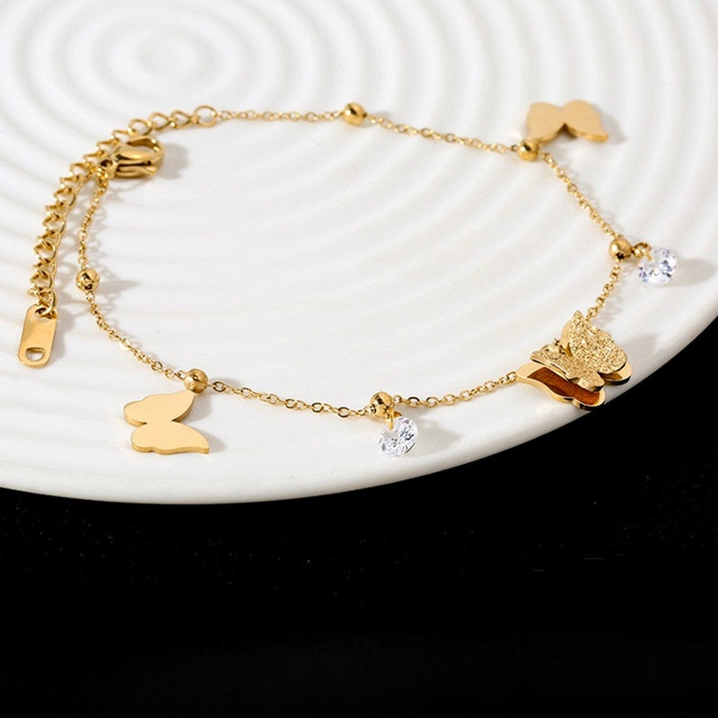 Gelang Kaki Kupu-Kupu Vintage Wanita - Rantai Emas Stainless Steel Berlian, Hadiah Elegan - 我的商店