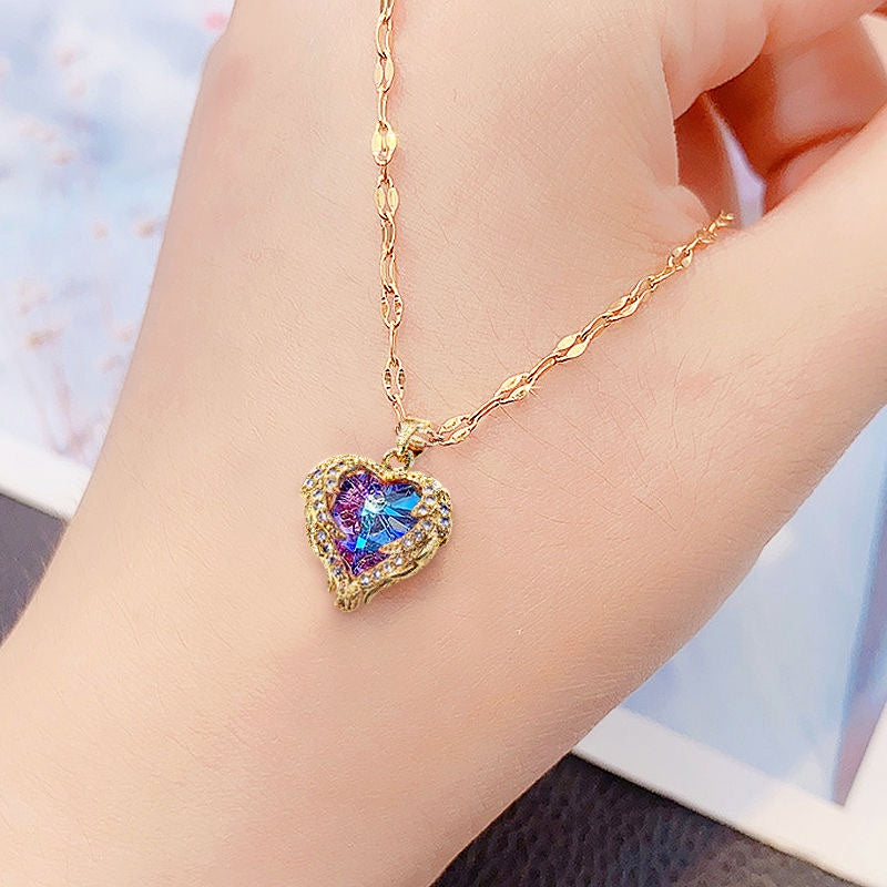 Kalung Wanita Liontin Heart of the Ocean - Stainless Steel Lapis Emas 18K, Tidak Kusam, Elegan & Trendi! - 我的商店