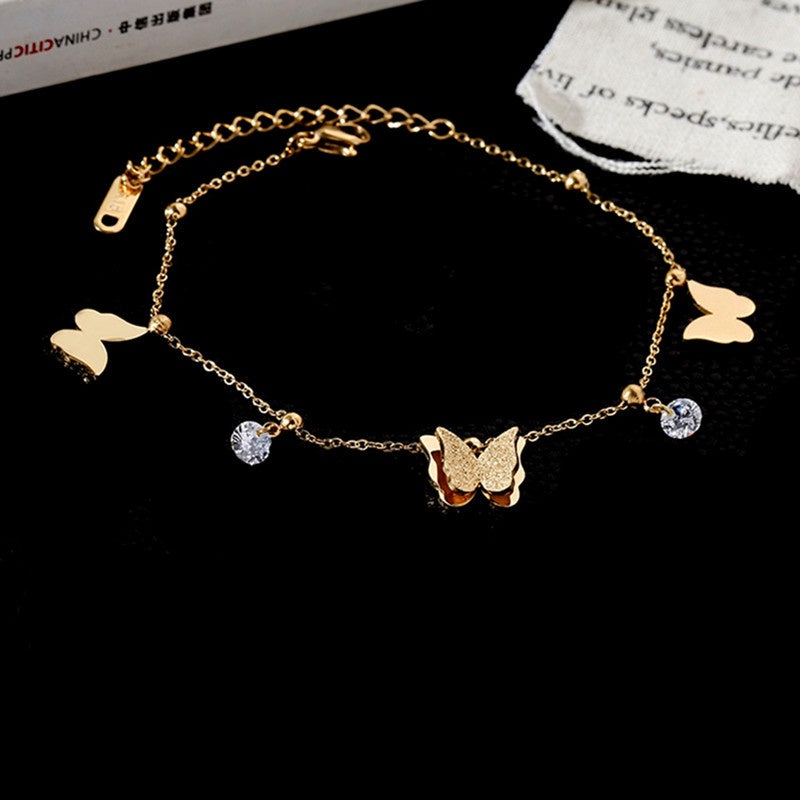Gelang Kaki Kupu-Kupu Vintage Wanita - Rantai Emas Stainless Steel Berlian, Hadiah Elegan - 我的商店