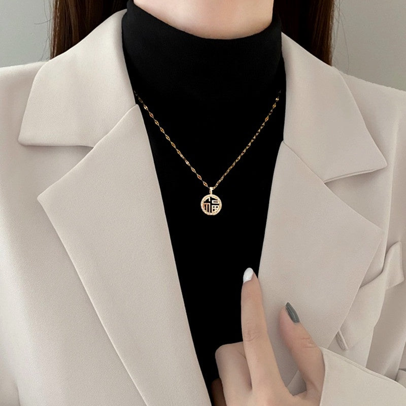 Kalung Berlian "FU" Pembawa Keberuntungan - Stainless Steel Anti Kusam untuk Wanita - 我的商店