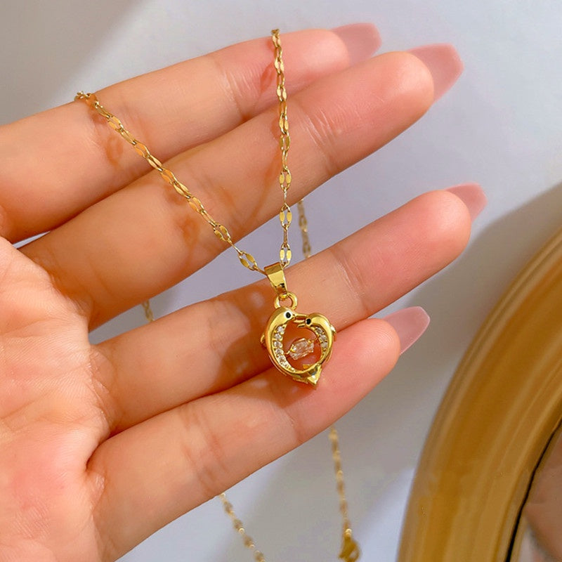 Kalung Lumba-Lumba Imut Wanita - Stainless Steel Emas 18K & Berlian Gaya Korea, Anti Karat - 我的商店